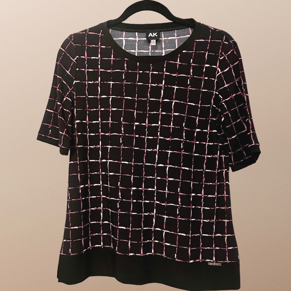 Anne Klein‎ Top Womens Small Black Pink Grid Print Short Sleeve Crew Neck